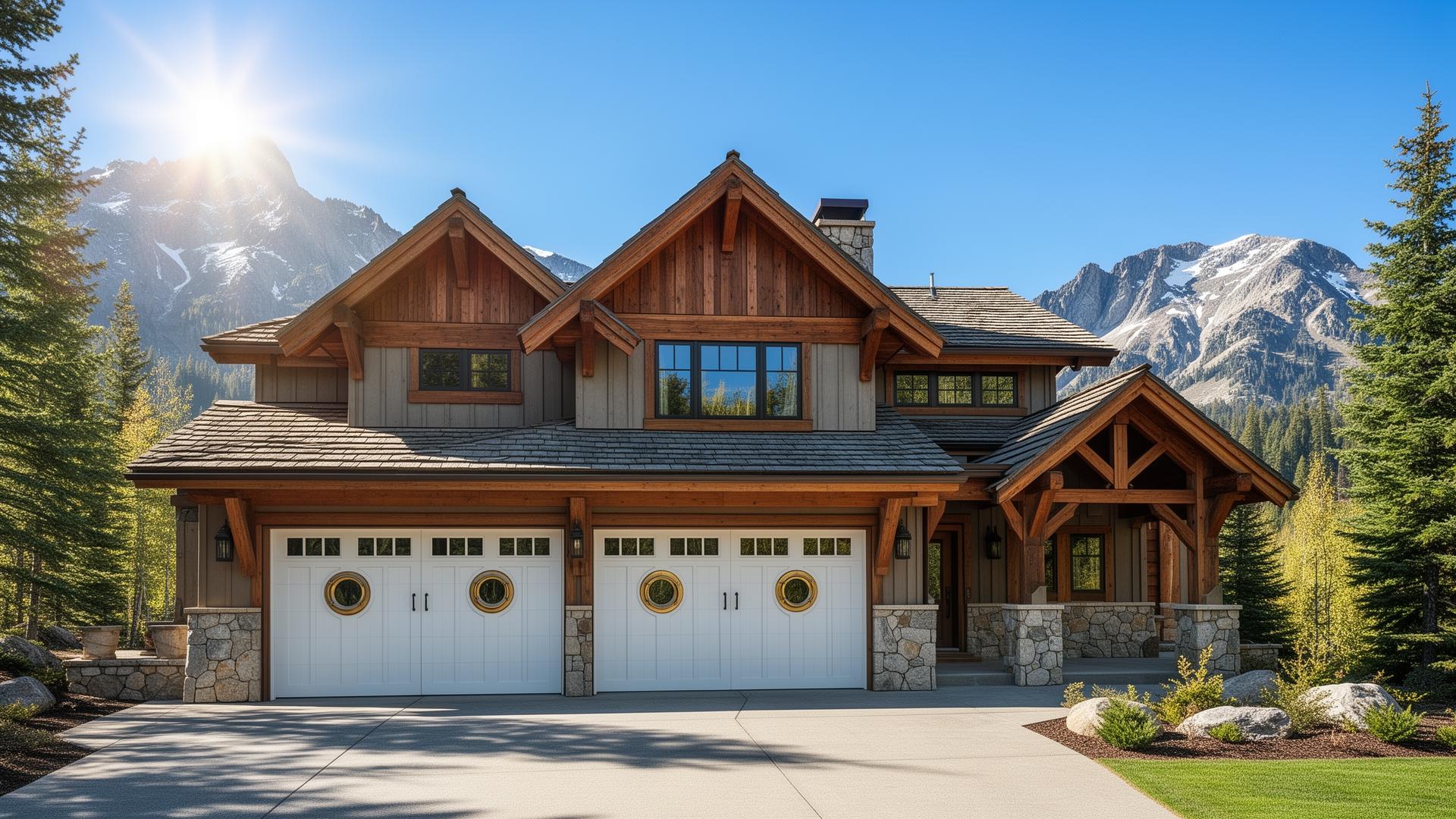 Beautiful mountain lodge style home with coastal garage doors featuring porthole windows